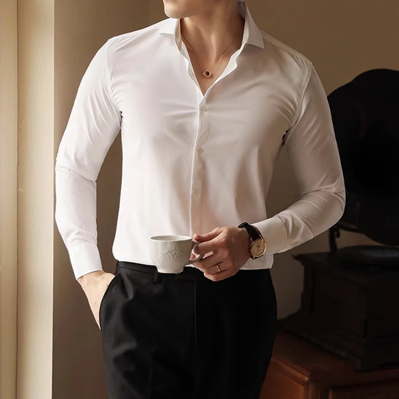 

Большие размеры, однотонные рубашки с длинным рукавом и v-образным вырезом для мужчин, осень-весна, приталенная деловая деловая мужская рубашка, модная модная мужская одежда