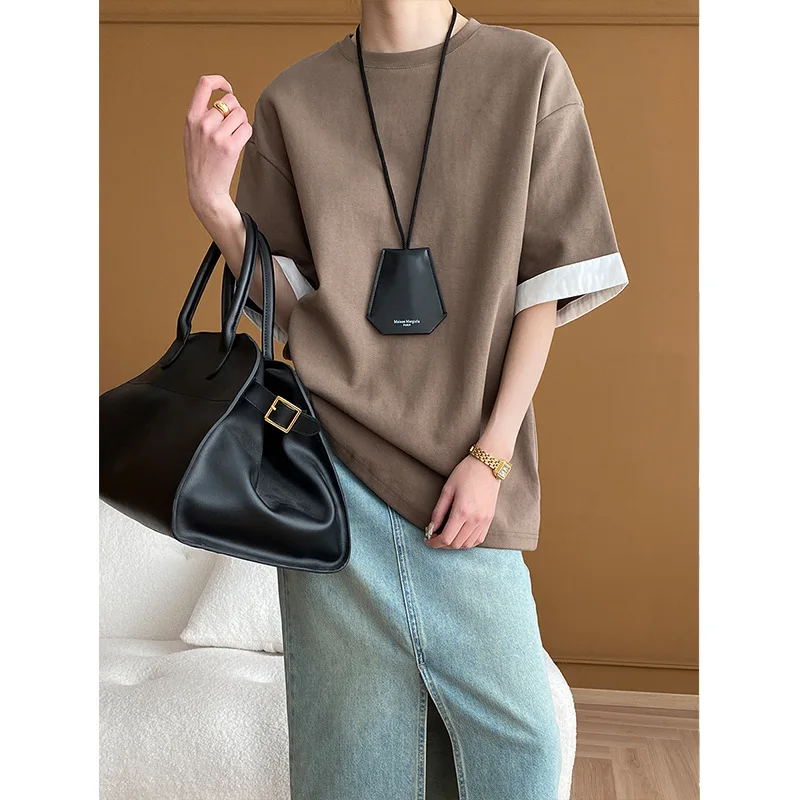 

Niche Design Sense Contrast Color Splicing Cuffs Casual Short-sleeved T-shirt 2024 Early Spring New Simple Round Neck Top
