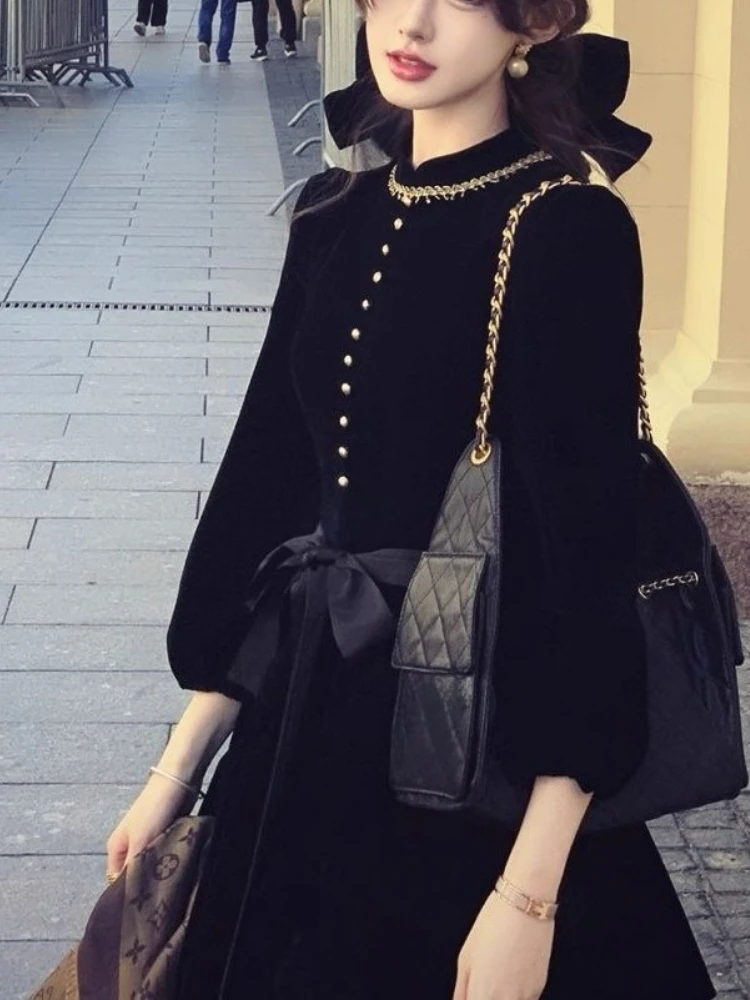 خمر Harajuku الحلو Y2k فستان المرأة سليم صالح كم طويل القوس المخملية ألف خط فستان ريترو الخريف فساتين راقية أنيقة غير رسمية