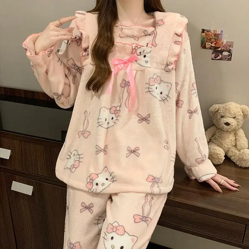 2025 meninas outono e inverno pijamas flanela conjunto grosso doce bonito dos desenhos animados confortável quente manga comprida pulôver roupas para casa