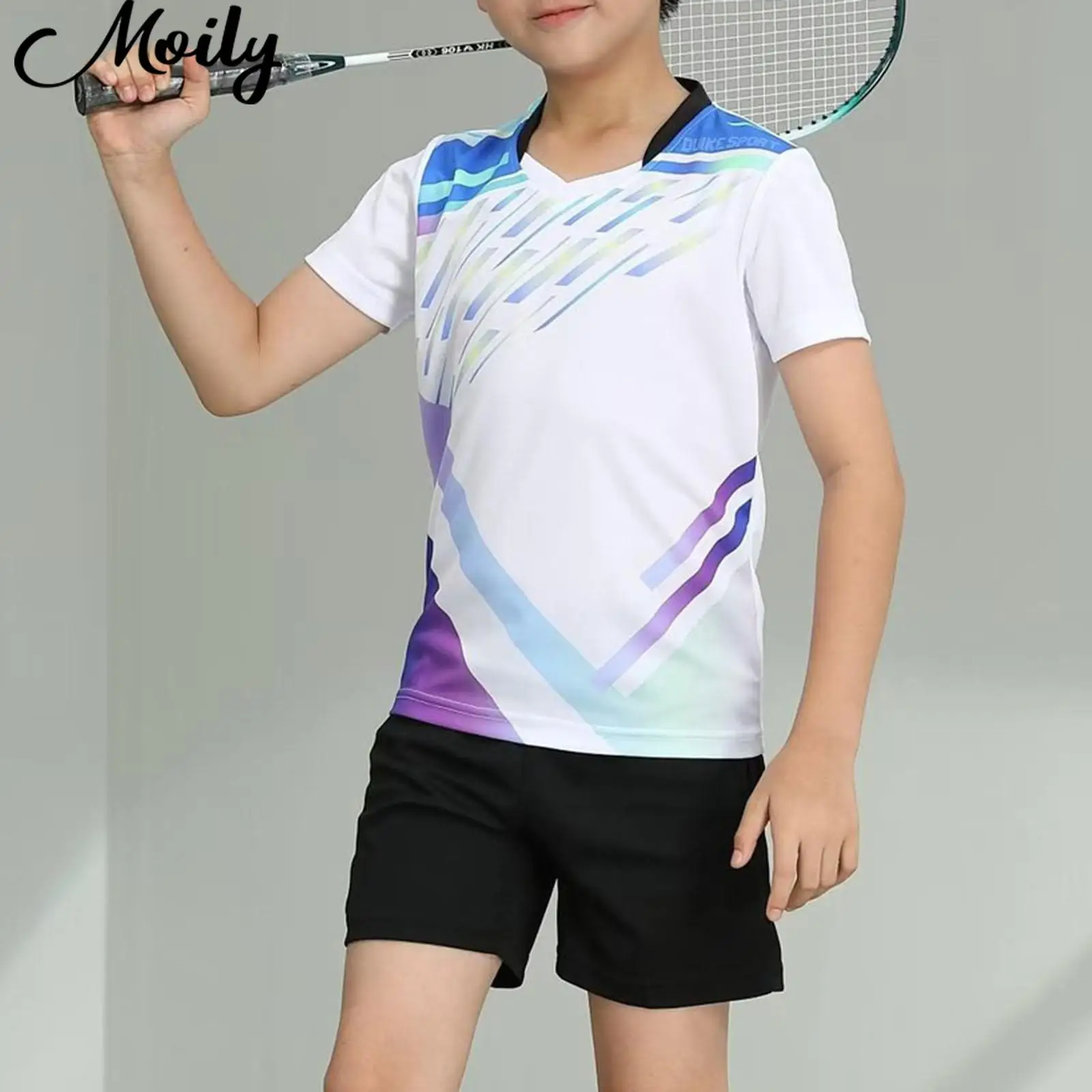 Kids Boys Girls Badminton Sports Outfit Contrast Color Short Sleeve T-shirt+Shorts Set for Ping Pong Football Basketball Cycling