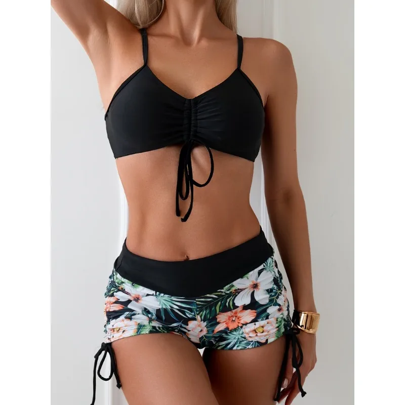 Costume da bagno da donna a due pezzi Costumi da bagno Costumi da bagno floreali tropicali a vita alta Pantaloncini da surf Halter Top Bikini Set