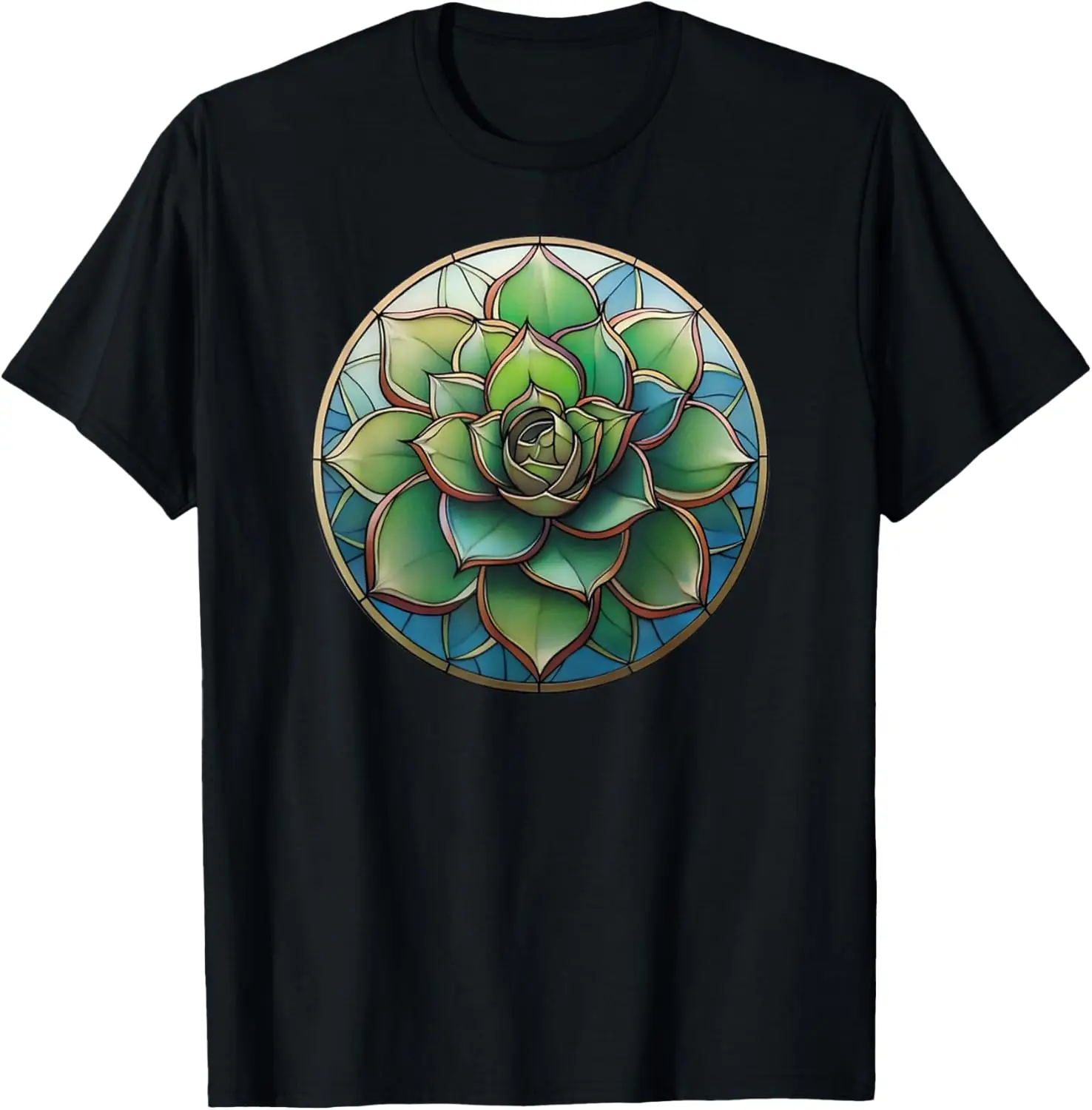 Succulent Plant Stained Glass Pattern Print T-Shirt