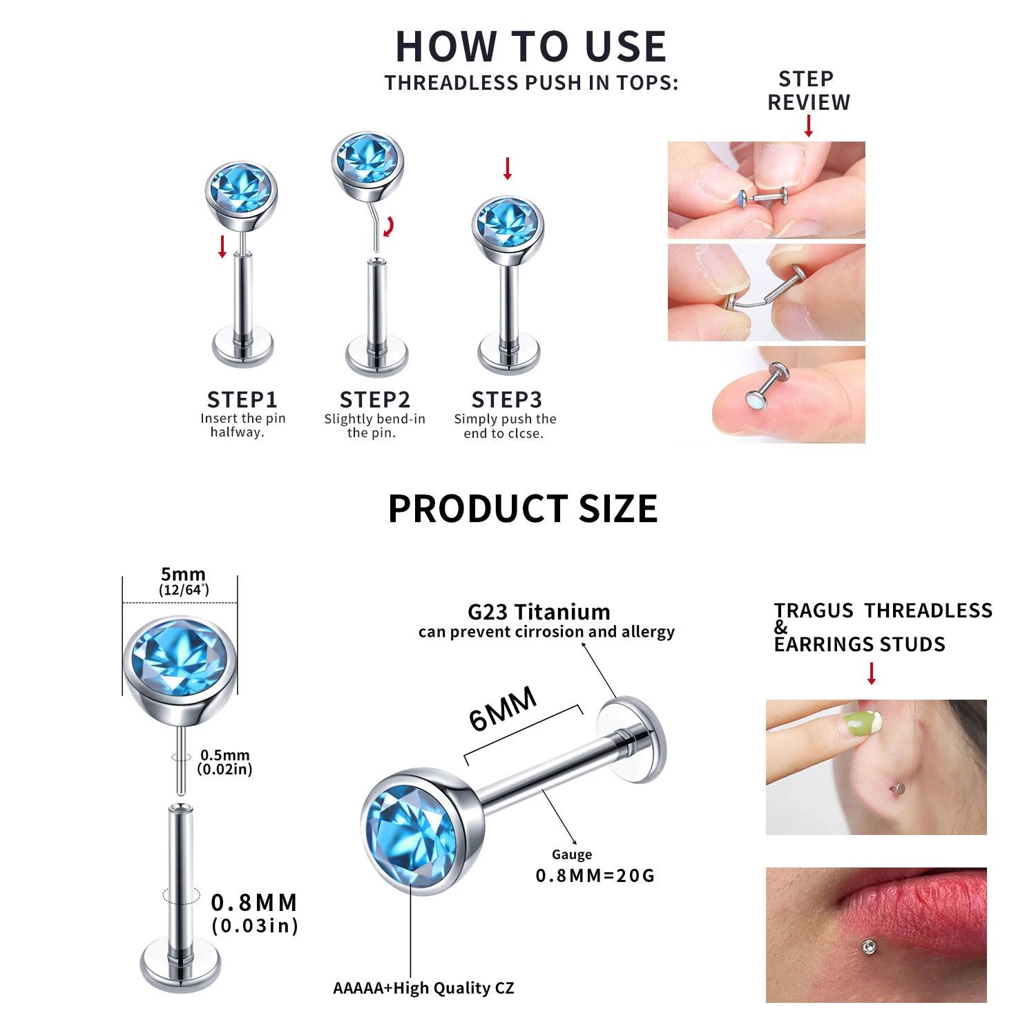 여성용 플랫 백 스터드 귀걸이, G23 티타늄 CZ 저 - Body Jewelry Threadless 리뷰 및 가격