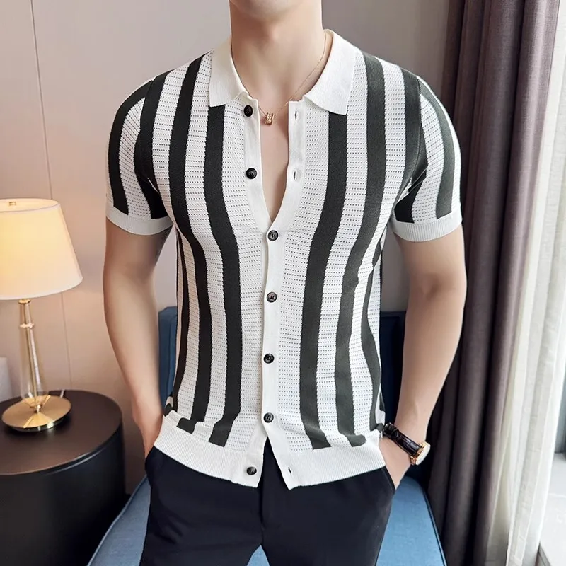 Summer Men's Striped Knit Shirts Lightweight Slim Fit Breathable Casual Shirt Men Turn Down Collar Short Sleeve Knitted Tops