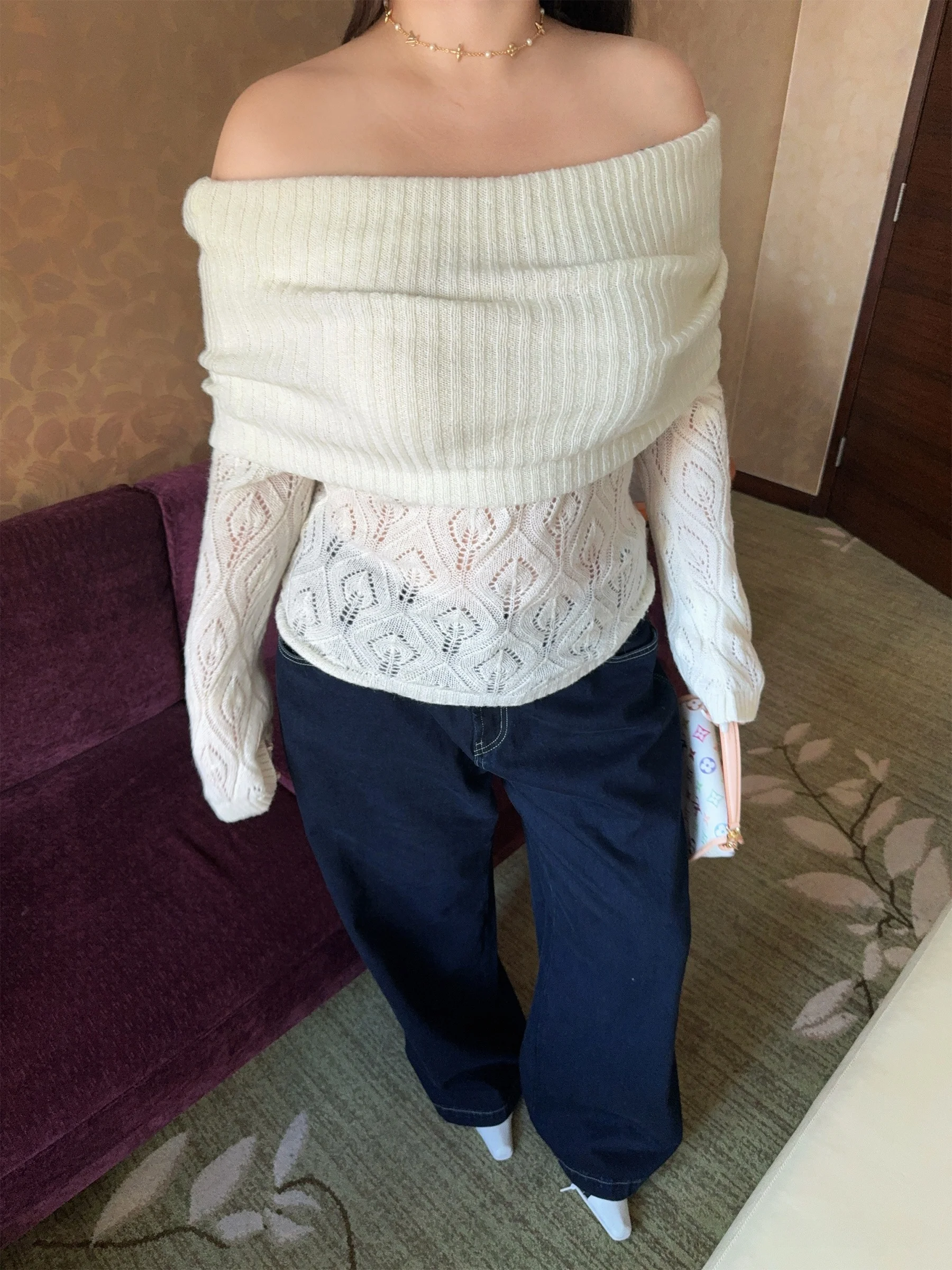 

Мягкий вязаный свитер Boolibyoo для девушек, большие размеры, полупрозрачный, на одно плечо, женский топ во французском стиле, стандартный крой