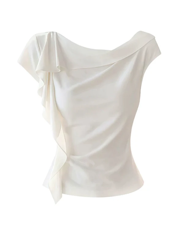 Korean Style Ins Asymmetric Shoulder Design Short Top Women's Unique Beautiful White T-Shirt Short Sleeve Fashionable Top