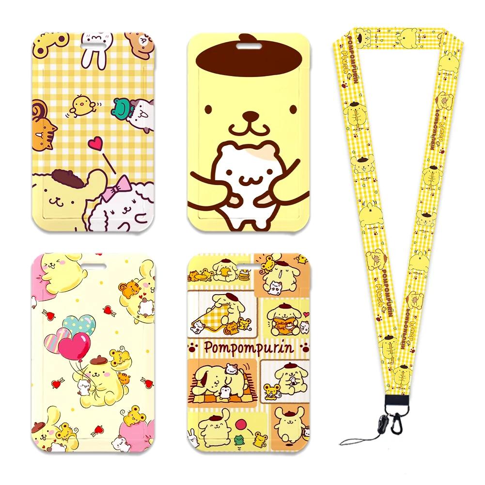 W Cute Card Holder Pompom Purin Bank Identity Bus ID Card Holder Case with Reel Lanyard Credit Cover Case Kids Gift