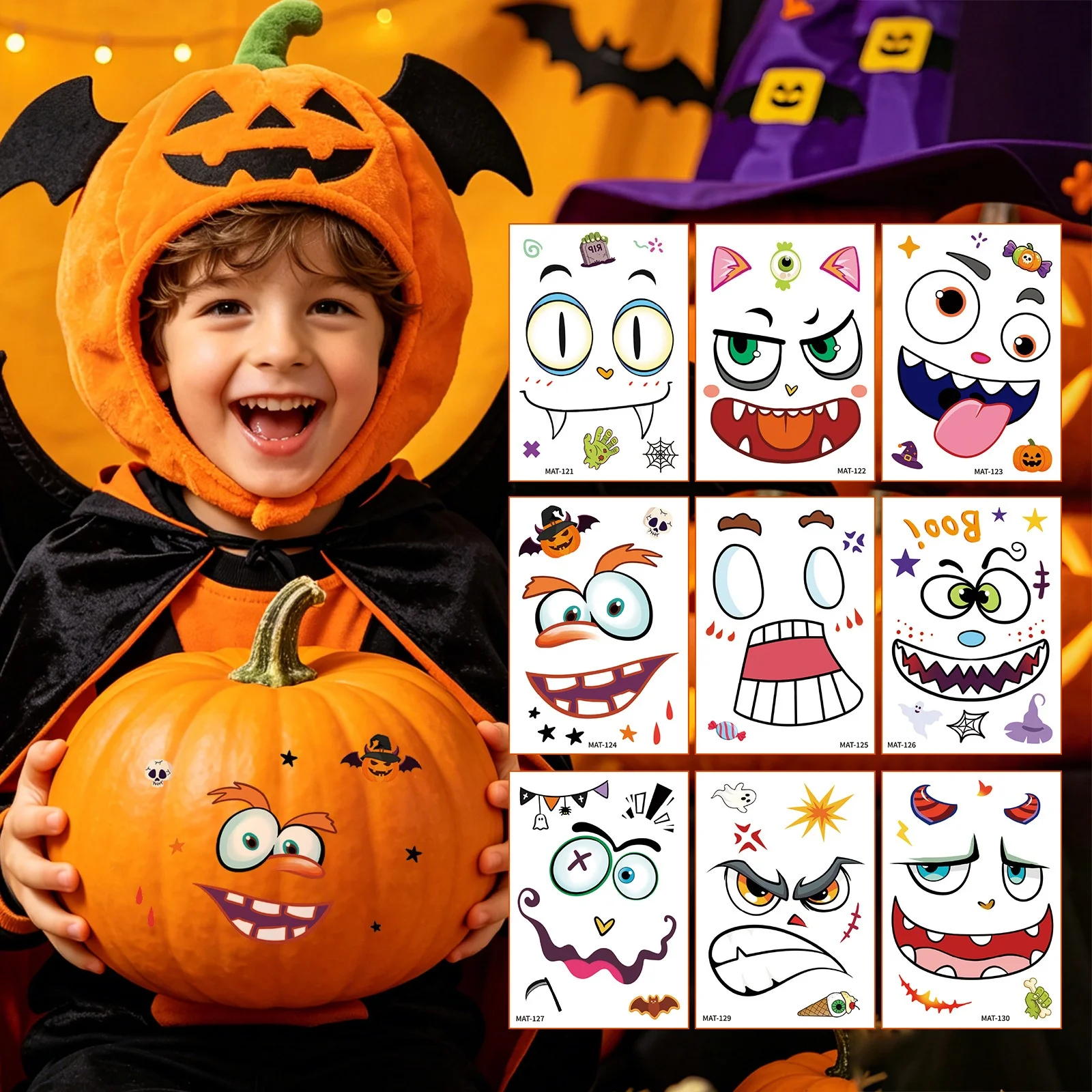 10pcs Halloween Pumpkin Stickers Tattoo Stickers Dress Up Pumpkin Expressions DIY Stickers Party Atmosphere Halloween Decoration