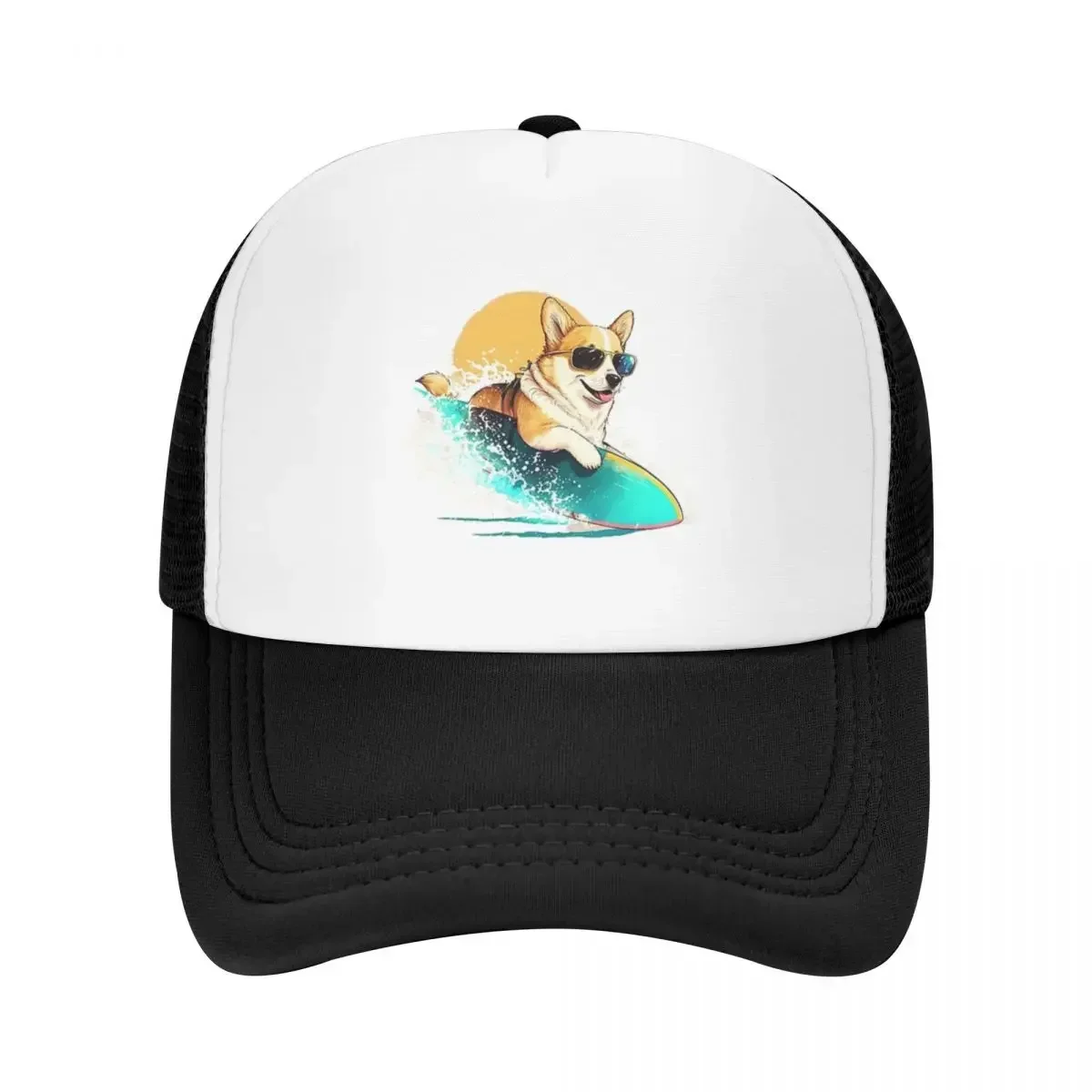 Corgi Dog Surfing The Great Wave Cap Fashion Mesh Baseball Caps Adjustable Hat Hip Hop Summer Unisex Baseball Hats Polychromatic