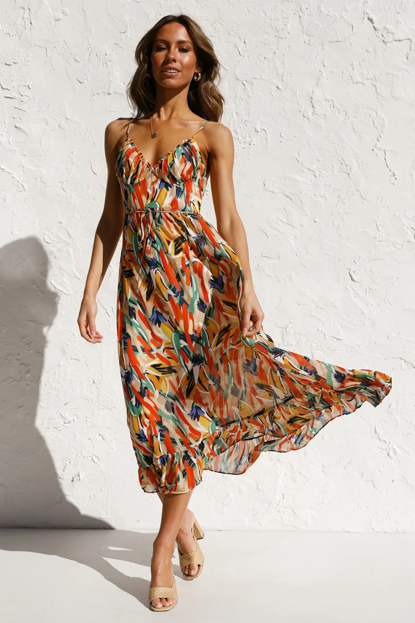 2025 Summer Polyester Boho Dress Colorful Print Halter Maxi V-Neck Low Back Tiered Ruffle Drawstring Waist Beach Party Vacation