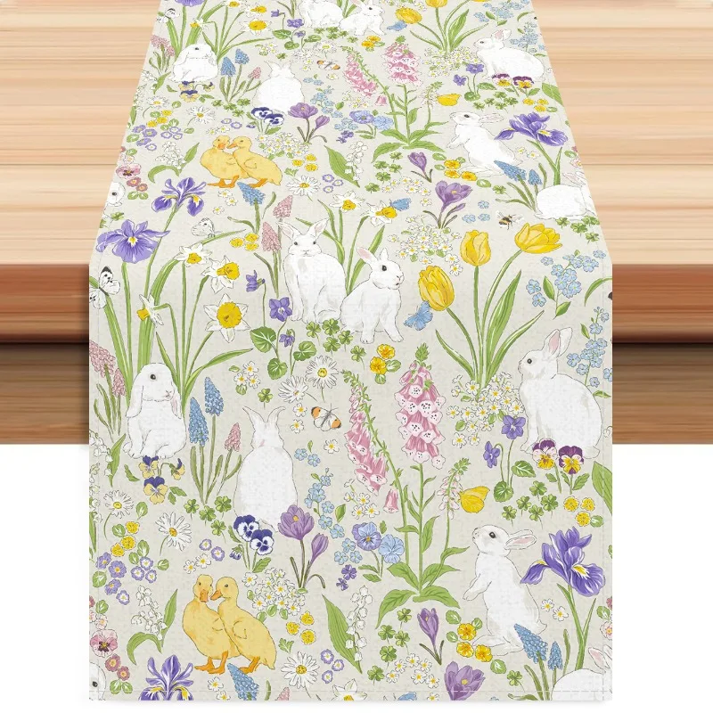 Butterflies Flowers Easter Eggs Bunny Rabbits Easter Table Runner, Leaves Kitchen Dining Table Decoration for Home Party Decor