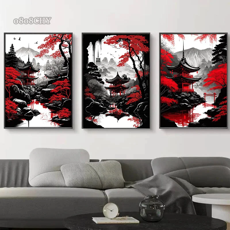 الأسود والأحمر المناظر الطبيعية اليابانية قماش اللوحة طباعة HD الملصقات مجردة صور فنية للجدران لغرفة المعيشة الديكور جدارية #1