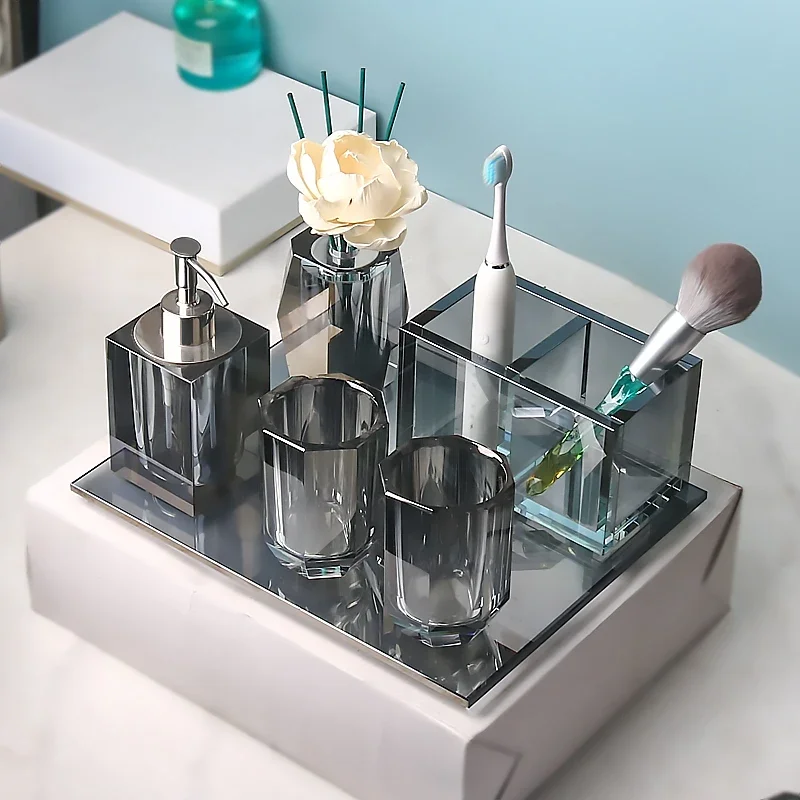 European Grey Crystal Glass Lotion Bottle Mouthwash Cup Toothbrush Shelf Bathroom Accessories Luxury Crystal Toothbrush Shelf