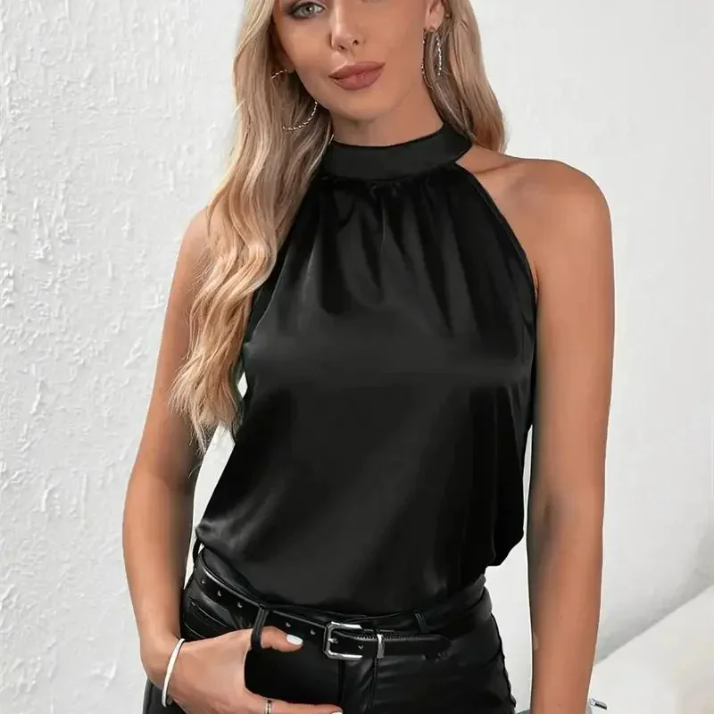 Women Summer Style Blouses Shirts Lady Casual Sleeveless Halter Collar Solid Color Blouse Tops