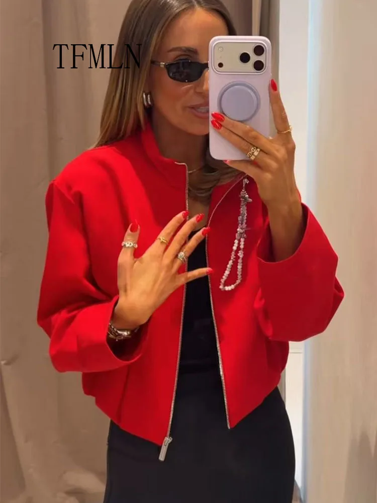Causal Women Zipper Bomber Jackets Fashion Chic Stand Collar Loose Coats High Street Solid Outwear 2026 Autumn