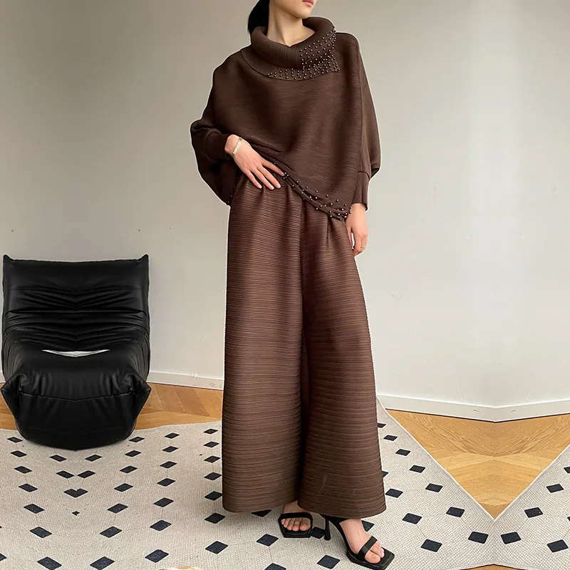 

Lapel Pleated Top Women's Spring/Summer 2023 Solid Color Fashion Beaded Long Sleeve Autumn Loose Two Piece Set