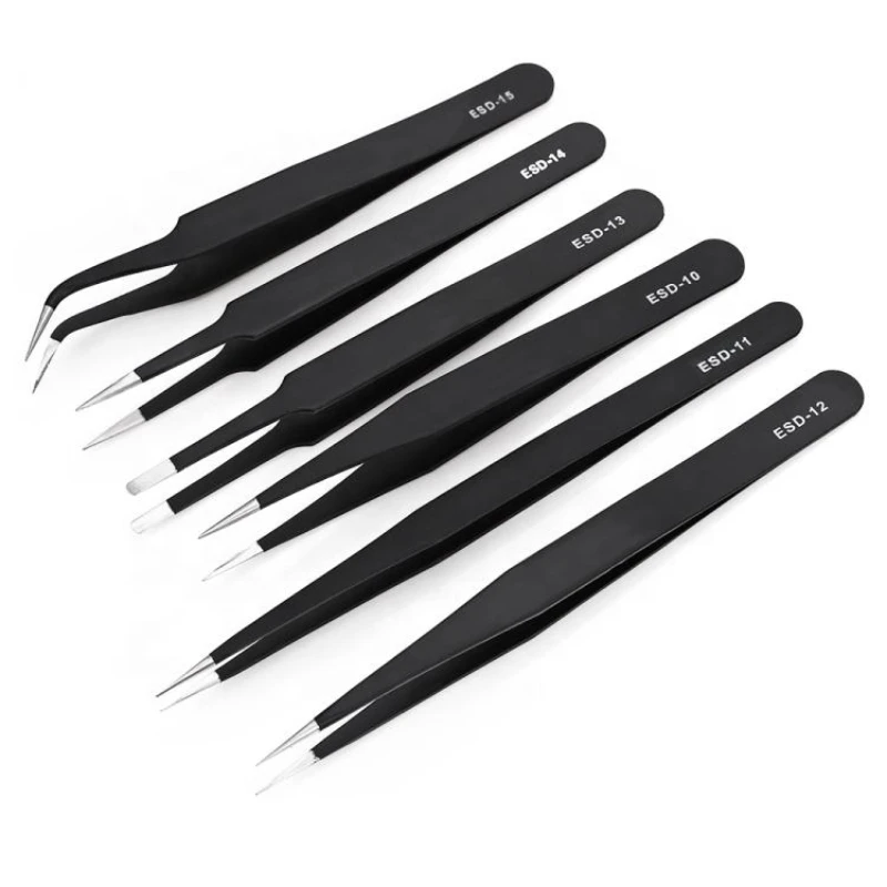 Anti-Static ESD Tweezers Set Anti-Magnetic Anti-Acid Stainless Steel Tweezers Kits Laboratory Work Black Angled/Bent Tip/Flat