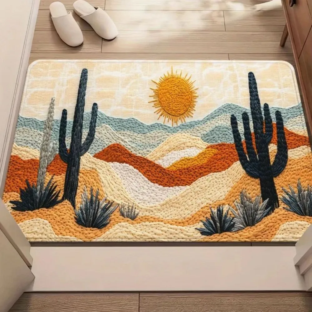 VIKAMA Cactus Flower Embroidery Doormat Green Floral Entrance Rug for Kitchen Floor Home Decor