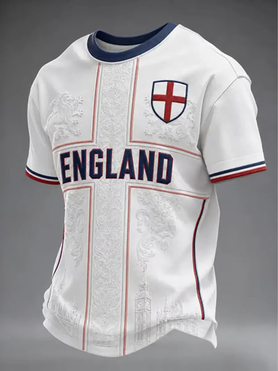 English Football Retro T-shirt with St. George's Cross Medal, Big Ben and Lion Embossing, Short-sleeved Casual Jersey