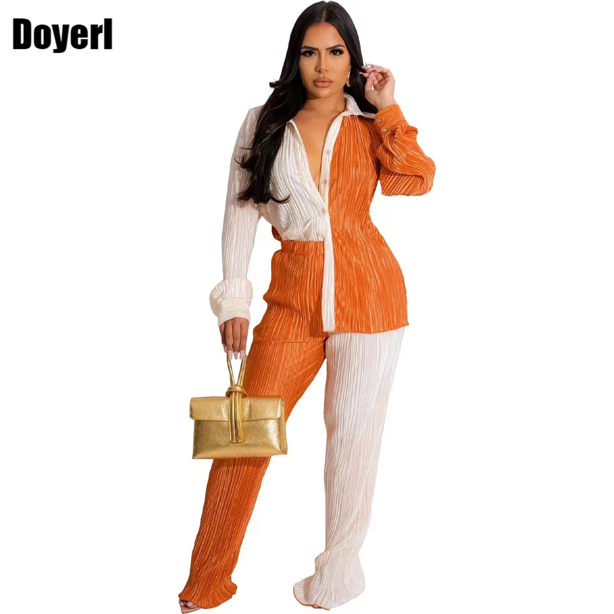 

Women Pants Sets Clothes Casual Pleated Splice Long Sleeve Shirt and Wide Leg Pants 2 Piece Sets Women Outfits Streetwear Set