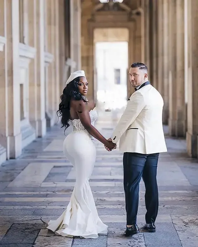 Customized New Design Sweetheart Wedding Jumpsuit Satin Floor Pants Suit Lace Top African Bridal Dresses