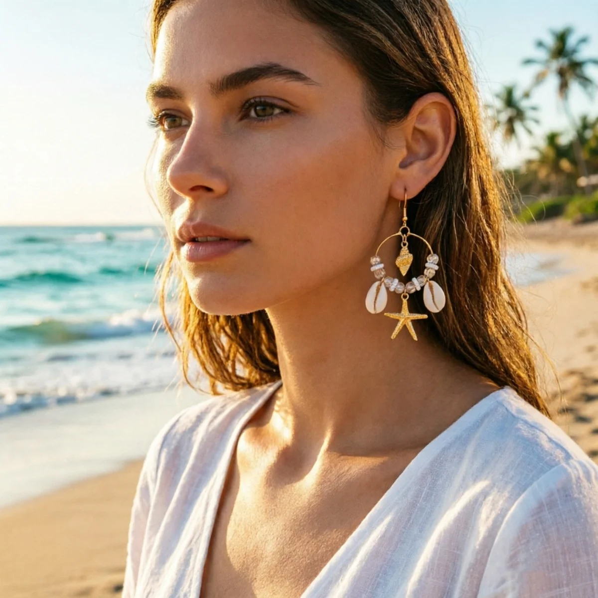 Kristall-Kreis Muschel Seestern Quasten-Ohrringe für Damen und Herren Boho Ozean Seepferdchen Ohrringe Trendiger Sommer-Strandschmuck – Detail 9
