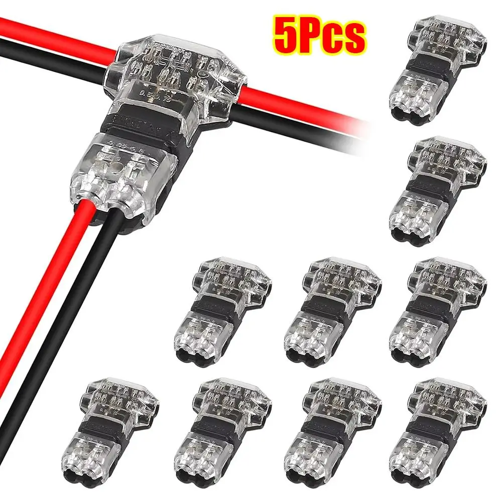1/5Pcs T Type Pluggable Wire Connector Low Voltage Quick Splice Electrical Cable Crimp 2 Pin No Stripping Terminal Clamp