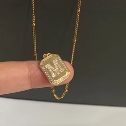 Vintage Gold Color Initial Letter Zircon Square Tag Pendant Necklace Women Men Trendy Charm Beads Chain Choker Making Jewelry