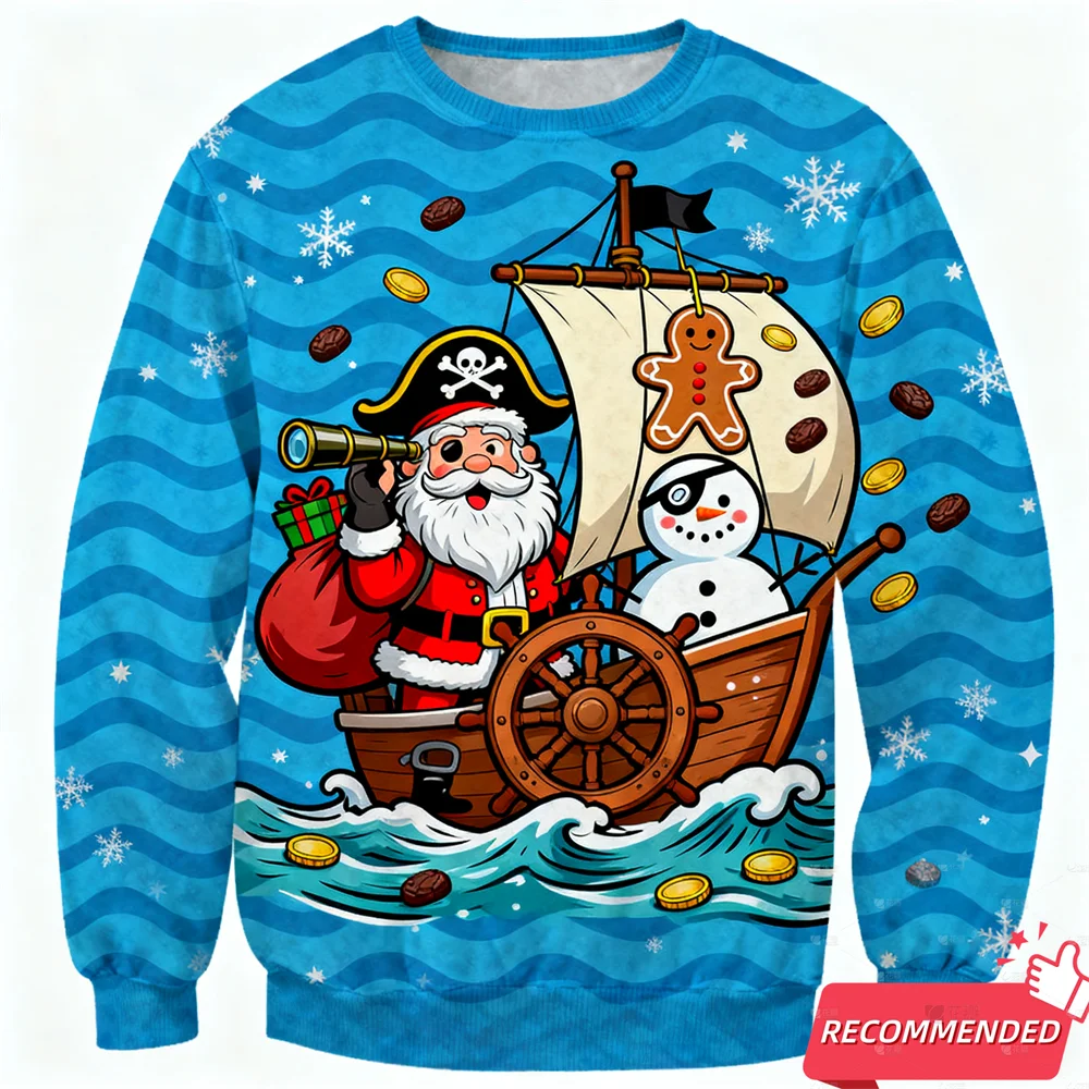 

Skiing Santa Ugly Christmas Sweater For Men Clothing Crewneck Funny Santa Claus Cartoon Ugly Christmas Y2k Top Women Sweatshirts