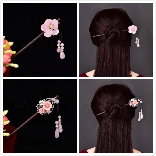 Glittering and Translucent Powder Crystal Synthetic Flower Hair Jewelry Temperamental Water Drop Pendant Wood Hair Stick