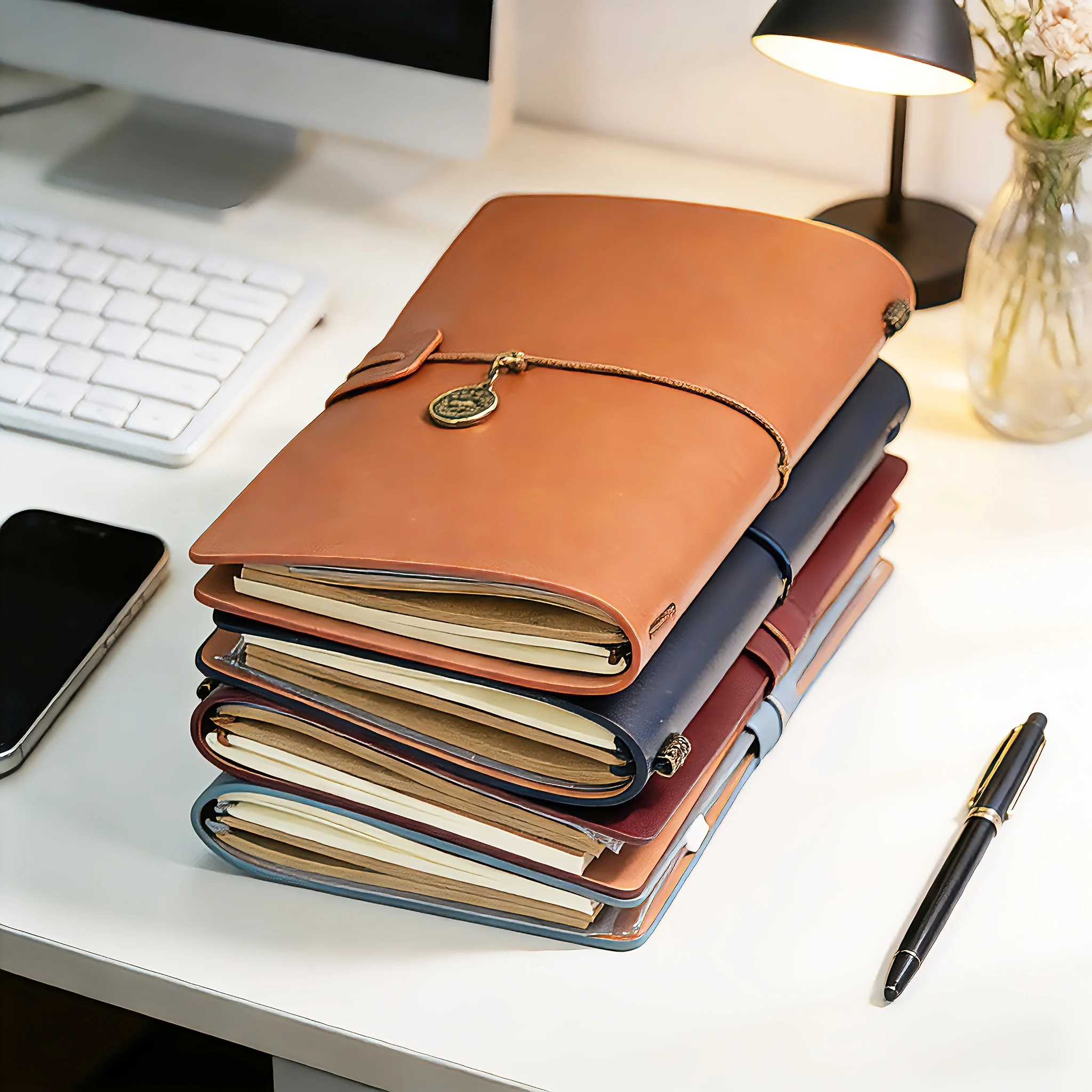 PU Leather Journal Travelers Notebook 14x10cm Gift Pocket Notebook Refillable Notebook 144 Pages Round Charm Journal Diary A6