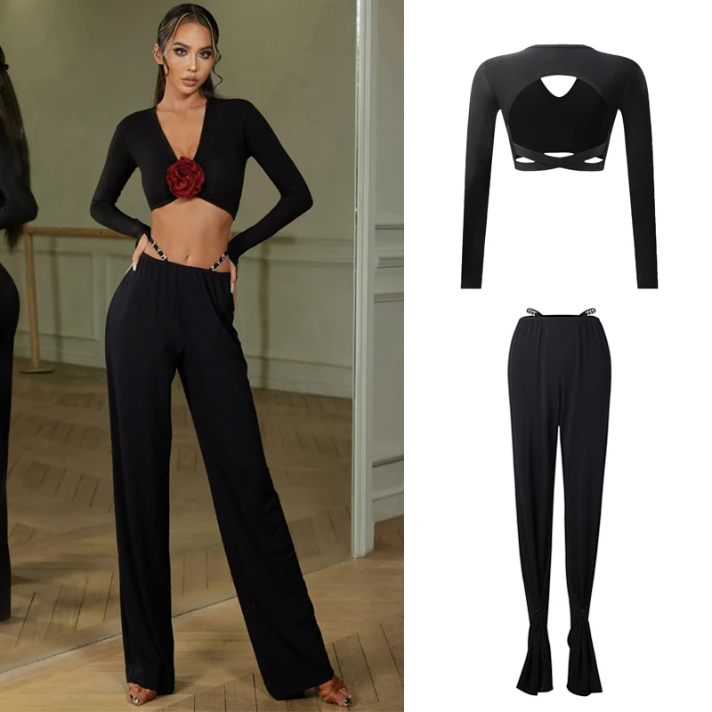 ZYM Ballroom Dance Clothing Sexy V-Neck Latin Dance Top High Waist Pants Female Latin Dance Costumes Practice Wear SL9036