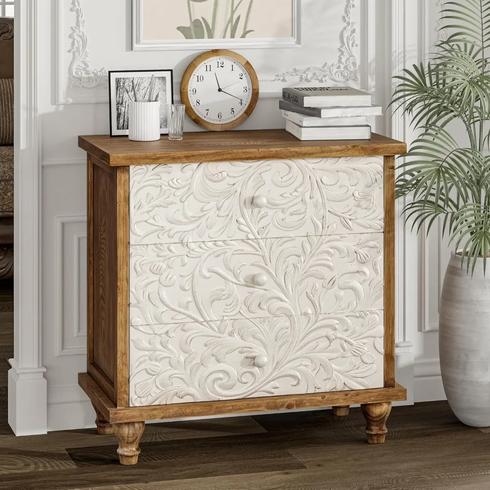 خزانة مزرعة مكونة من 3 أدراج مع عزر زهور منقوشة، منضدة عتيقة لغرفة النوم، مجمعة بالكامل تقريبًا