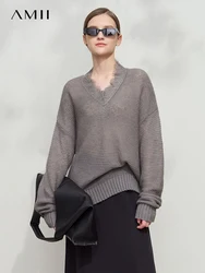 AMII Minimalism Knit Sweater Women 2025 Autumn New Lace Solid Slim V-neck Mohair Mid Length Loose Pullover Knitted Tops 12551043