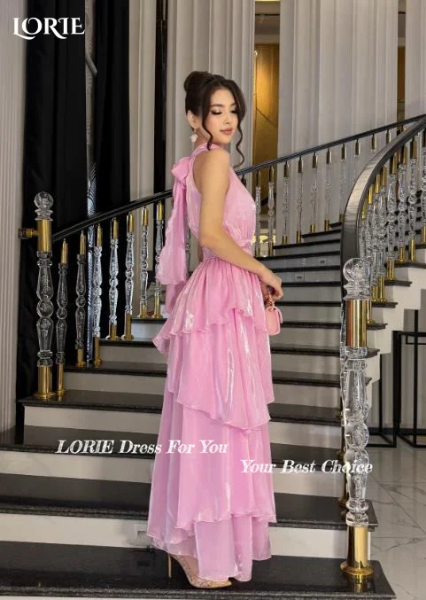 

LORIE Shiny Ruffle Party Dress High Collar Shiny Puff Bow A-Line Evening Dress Prom Dress Illusion Party Gown Club Customized