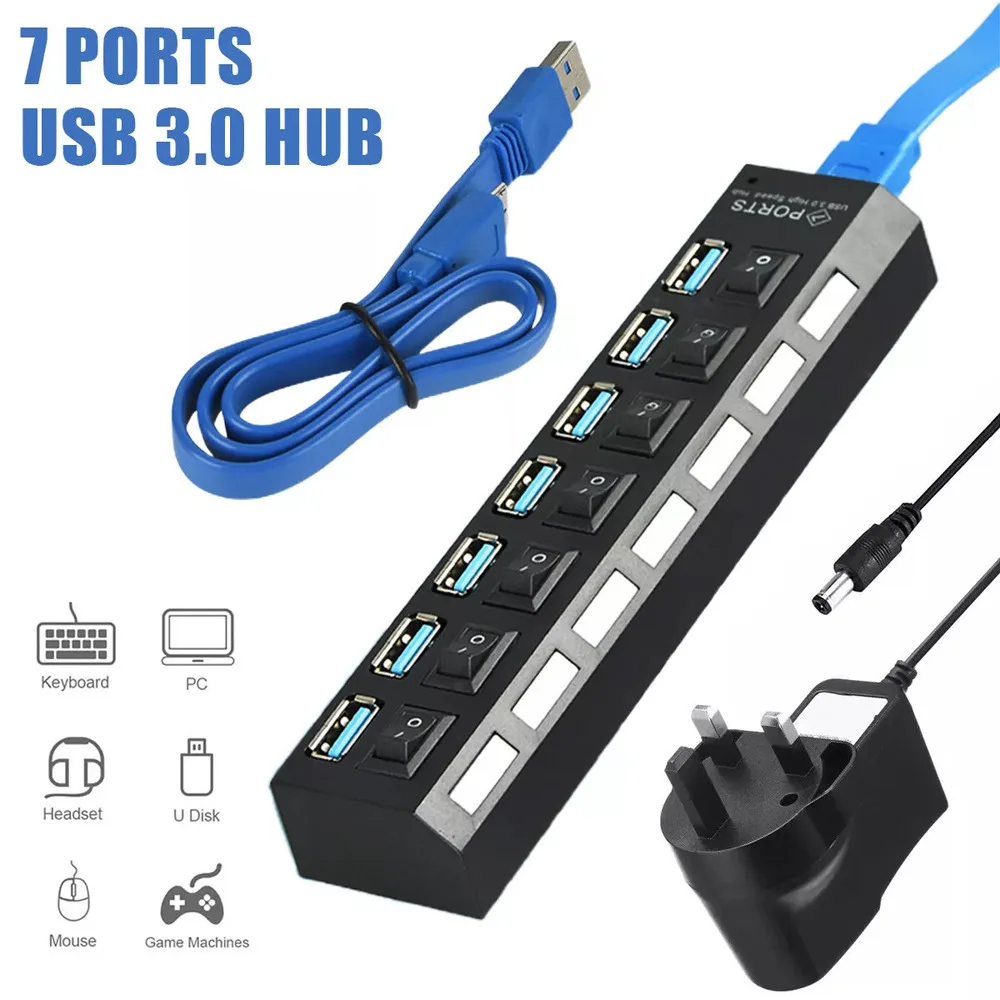 USB Hub 3.0 Multiprise USB High Speed Splitter 7 Port 5Gbps Hub Power Adapter with Switch Long Cable with Multiple Expander Hub