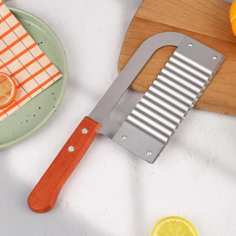 Wood Handle Stainless Steel Crinkle Cut Knife Wavy Potato Chip Cutter Vegetable Slicer For Home Kitchen Cooking Supplies