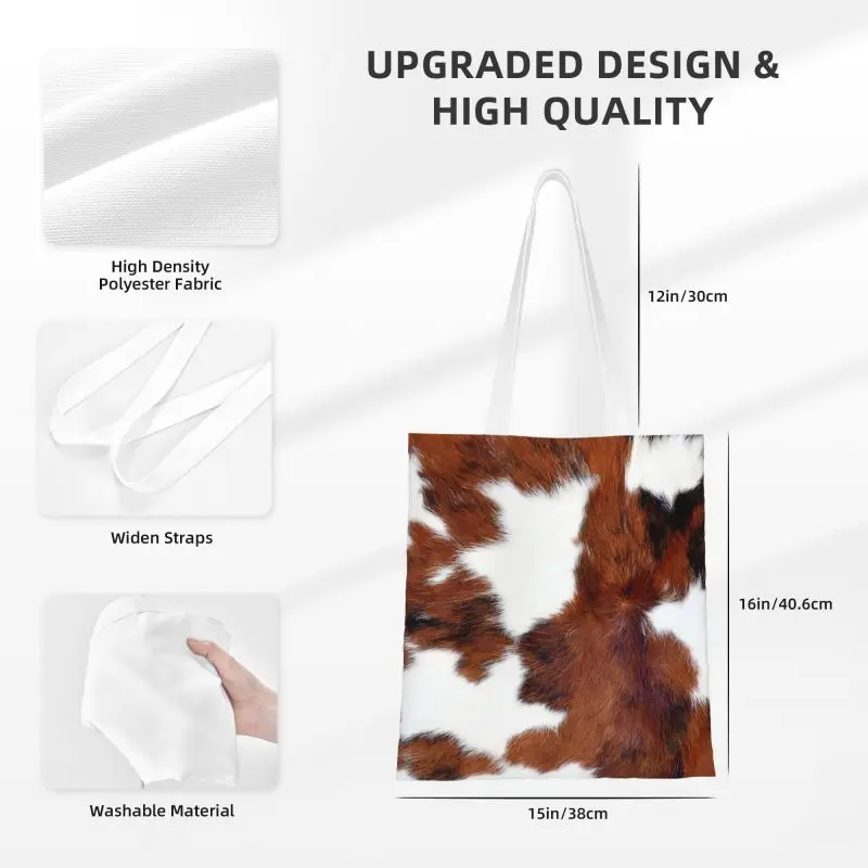 Spotted Brown Farm Animal Skin Grocery Tote Shopping Bags Cow Fur Cowhide Texture Printing Canvas Shoulder Shopper Bag Handbags