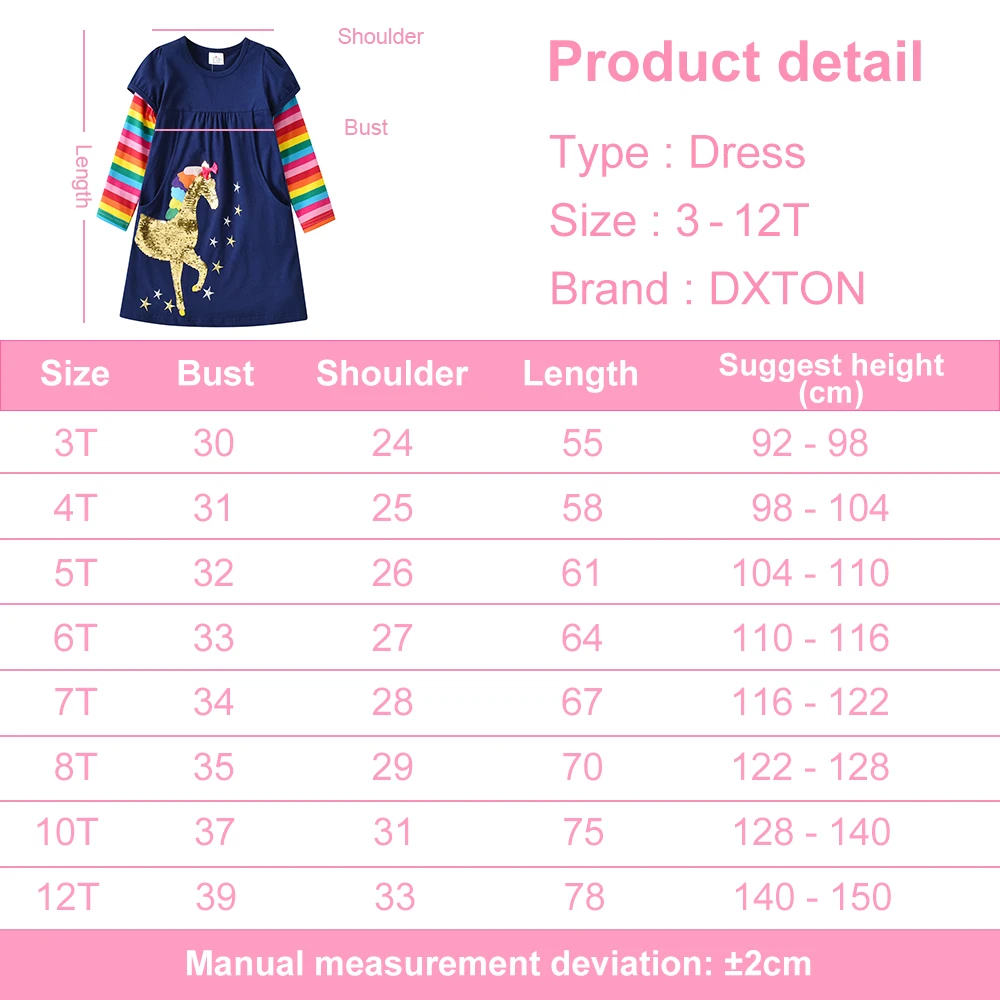 DXTON Girls Long Sleeve Dress Kids Unicorn Sequined Dresses Girls Cotton Casual Dress Kids Rainbow Striped Dresses with Pockets