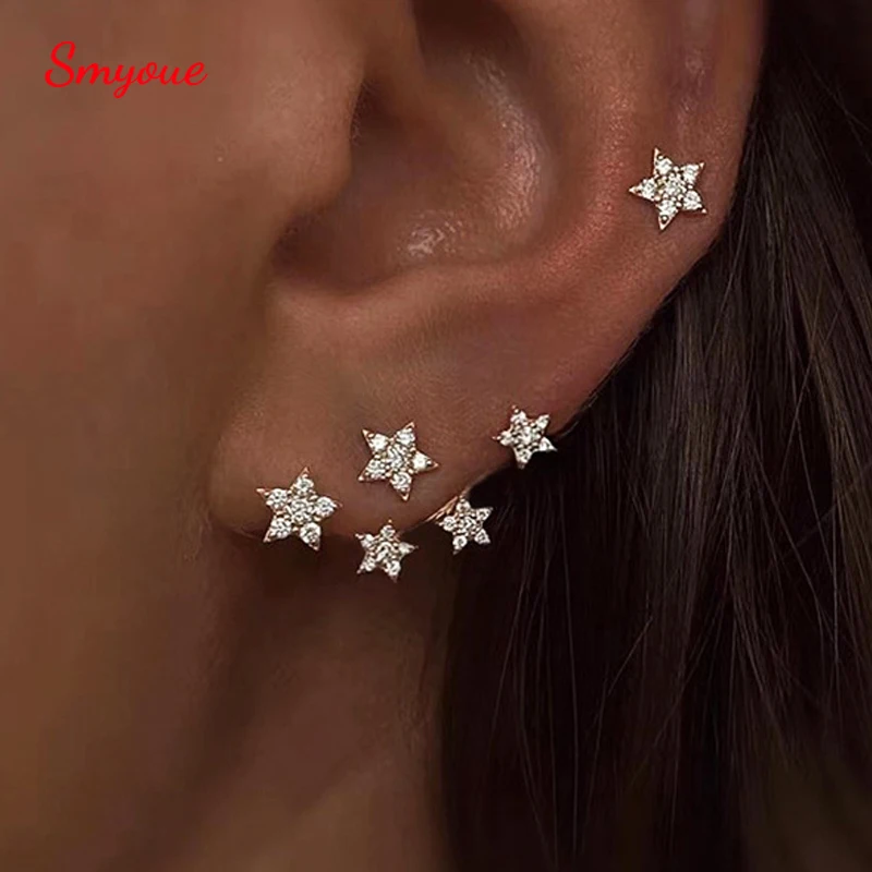 Smyoue Trendy All Zircon Stars Stud Earrings for Women Elegant Wedding Ear Dainty Jewelry 100% S925 Sterling Silver Wholesale