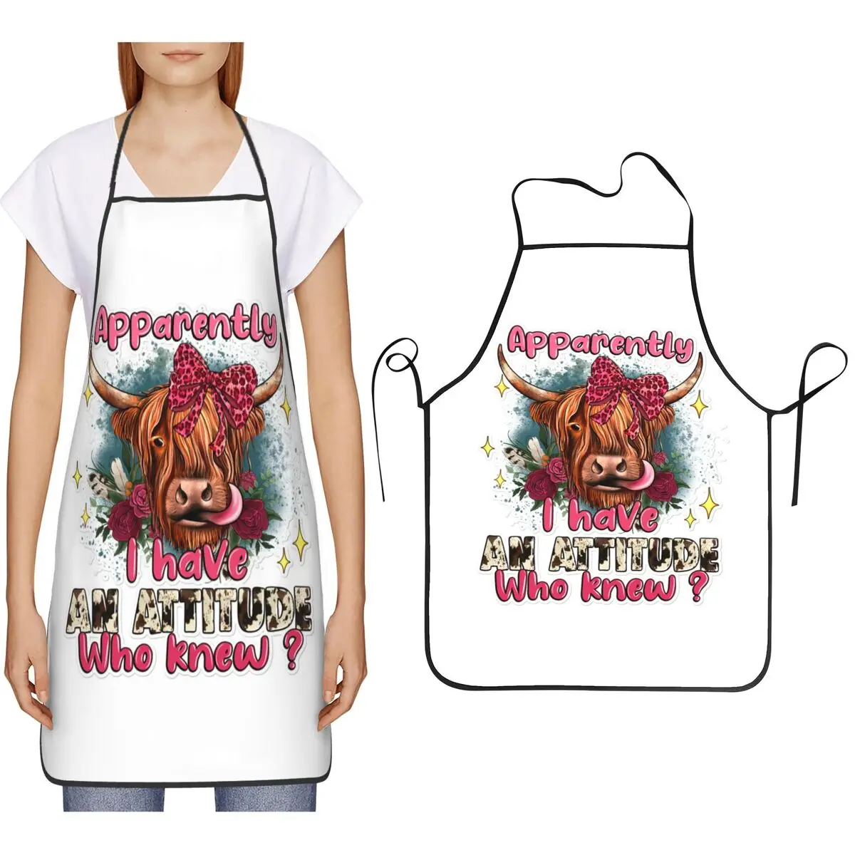 Apparently I Have An Attitude Who Knew Highland Cow Apron Chef Cooking Baking Tablier Bib Kitchen Cleaning Pinafore for Unisex