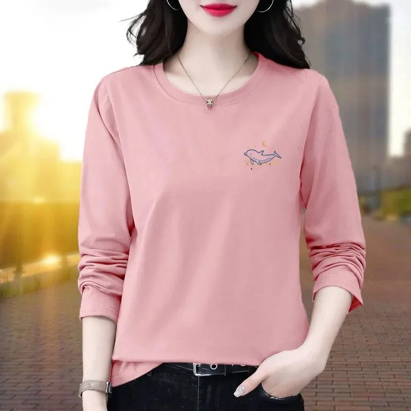 Women Long Sleeve T Shirt Plus Size Casual Simple Dolphin Print Hide Fat Basic Top