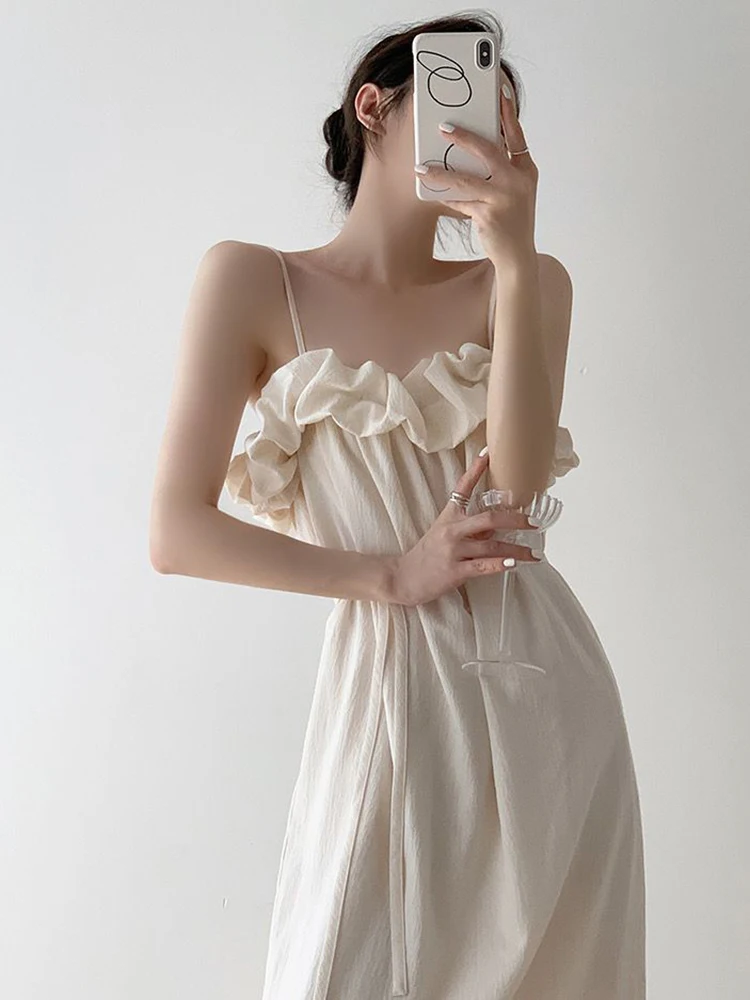 Robe française élégante à col Slash, Y2K, Vintage, bretelles Spaghetti, ample, esthétique, plage, vacances, ligne A, été