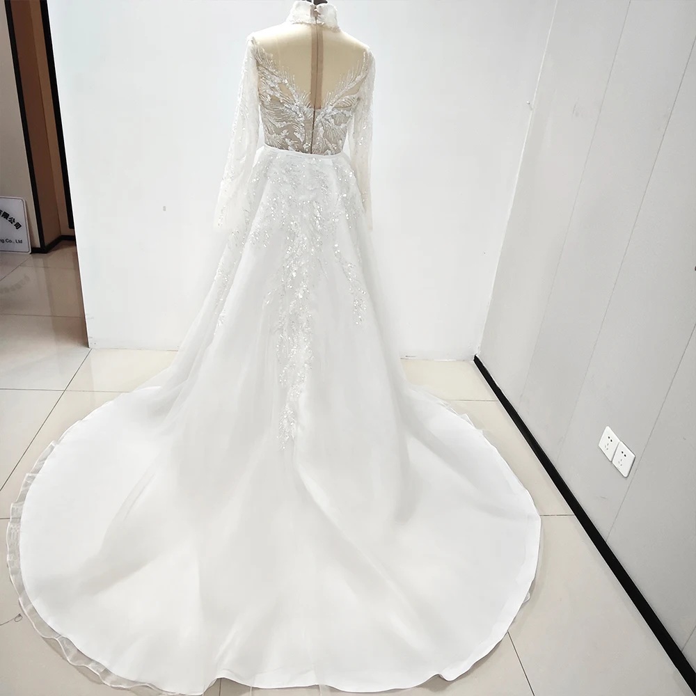 Grânulos de luxo vestidos de casamento de lantejoulas com trem destacável vestidos de sereia elegante gola alta mangas compridas vestidos de noiva