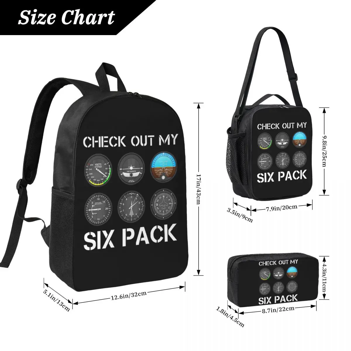 Funny Pilot Top Airplane Six Pack Flight Instruments Backpack Boys Girls BookBag School Bag 3ps Insulated Lunch Bag Pencil Case