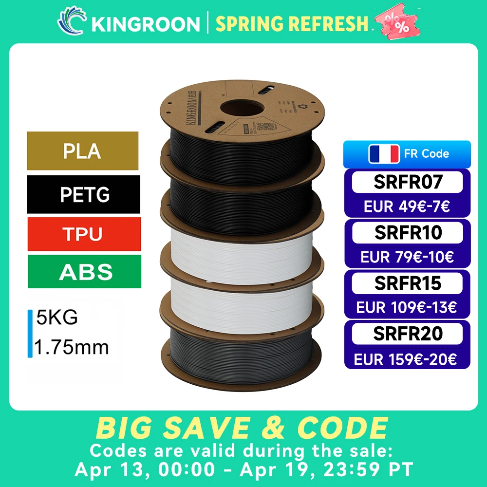 KINGROON – Filament d'imprimante 3D PLA PETG TPU ABS, lot de 5KG, noir, blanc, gris, 1.75mm, sans bulles, plastique, 5 rouleaux de 1kg, bobine aléatoire