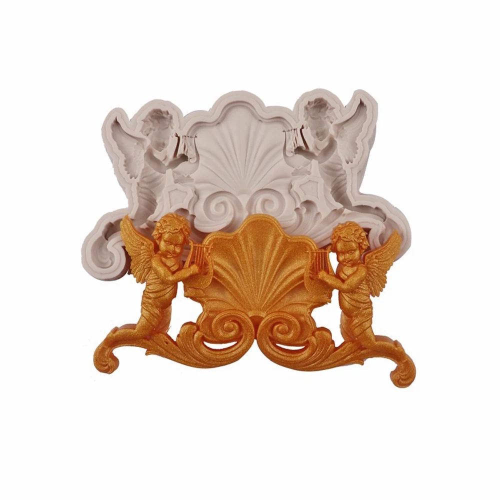 3D Cupid Photo Frame Silicone Mold European Angel Baby Harp Relief for Chocolate Icing Cake Decorating Fondant Baking DIY