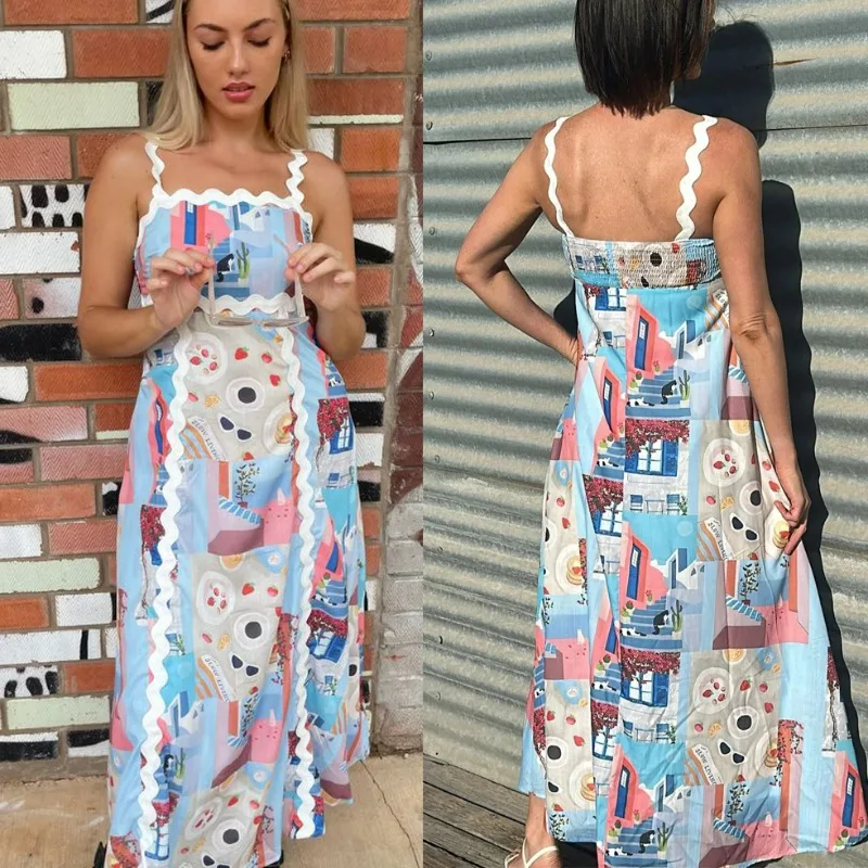 

Dress for Women Europe and America Spring and Summer Suspenders Printing Montage Fashion Leisure Loose and Comfortable Spend