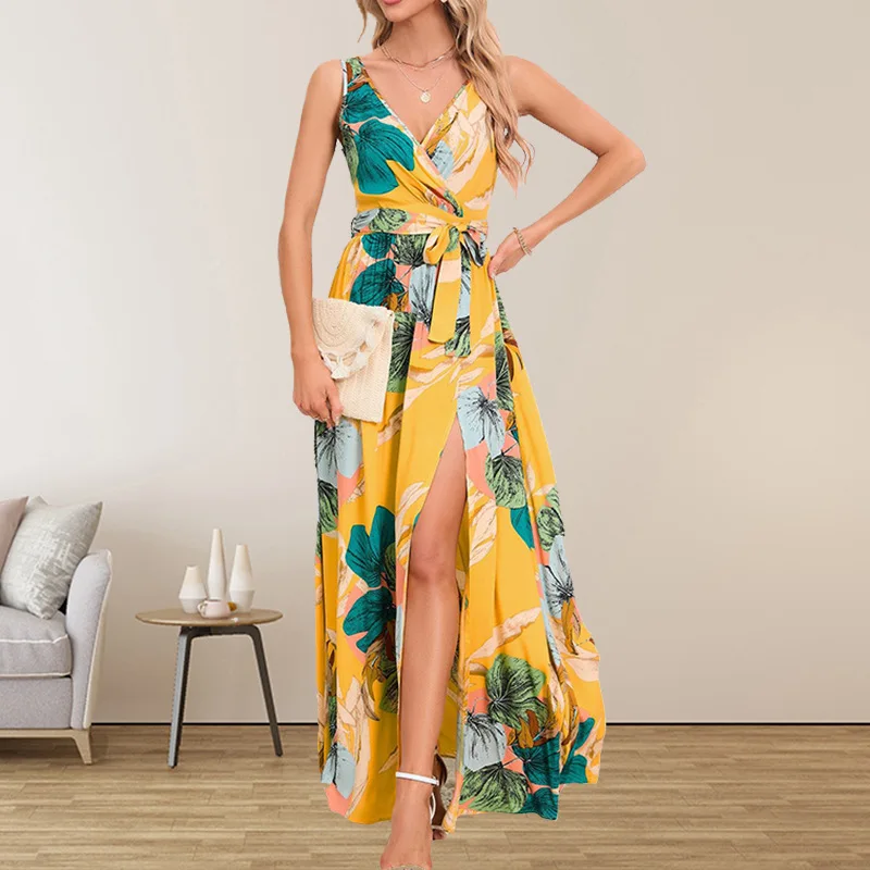 2025 feminino com decote em v sem mangas fenda impresso longo suspender vestido verão moda casual impresso cintura cinching vestido para mulher